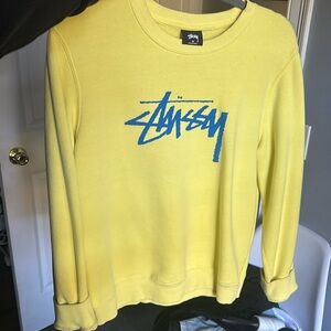 Stussy Yellow Crew Neck Sweater with Blue Logo